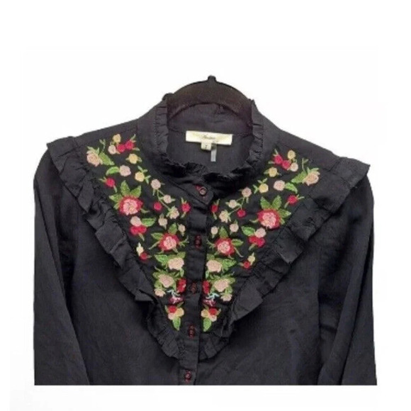 Andree Women’s Black Embroidered L Floral Top Western Peasant Retro Embroidered - Picture 2 of 8